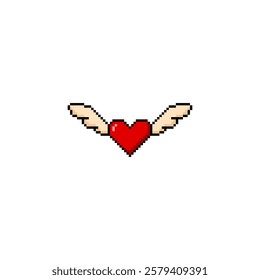 Red heart with wings black outline pixel art Y2K icon. Flying heart shape with squared contour retro emoji. Freedom Love symbol aesthetic 8 bit style. Vector graphic romantic Amour sign. St. Valentine