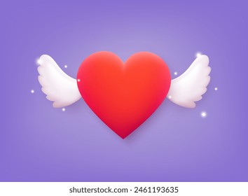 Red heart with wings, Celebration and Happy Valentine's Day. 3D Web Vector Illustrations.