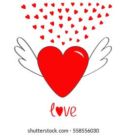 Red heart with wings. Cute cartoon contour sign symbol. Winged shining angel small hearts. Flat design style. Love text Greeting card. Isolated. White background. Vector illustration