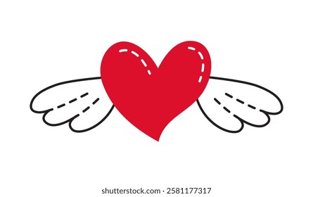 Red Heart with wings doodle style Hand drawn trendy flat style love isolated icon Romantic symbol of love for web graphic design poster tattoo Valentines Day Greeting card line art Vector illustration