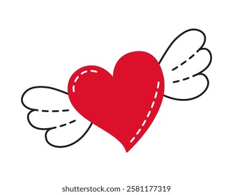 Red Heart with wings doodle style Hand drawn trendy flat style love isolated icon Romantic symbol of love for web graphic design poster tattoo Valentines Day Greeting card line art Vector illustration