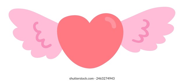 Red heart with wings in flat design. Love and romantic flying symbol. Vector illustration isolated.