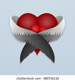 Red heart with wings lovingly hugging heart. Vector illustration