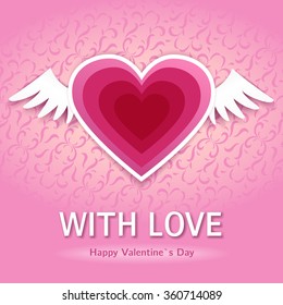 Red heart with wings on a pink ornamental background. Card for lovers days, Valentine`s Day.