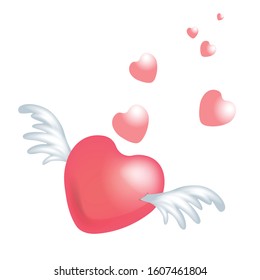 Red heart with wings and small hearts flying away into the distance. On white background. Design element for greeting card, invitation, flyer,
banner.