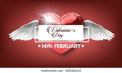 Red Heart with Wings, Vector illustration. Romantic quote postcard, card, invitation, banner template.