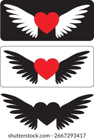 Red Heart with Wings Vector Illustration in Black and White Style for Love Symbols, Valentine’s Day Designs, Romantic Graphics, and Tattoo Inspirations