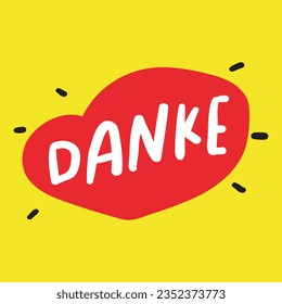 Red heart with word - Danke. German language. Thank you. Vector hand drawn illustration on yellow background.