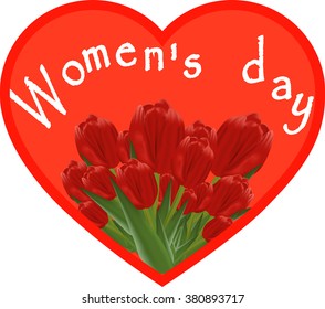 A red heart with the words women's day and a bouquet of flowers, flowers tulips, vector