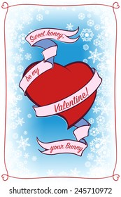 Red heart wrapped with congratulation ribbon on a blue background with delicate snowflakes. St. Valentine's day greeting card. EPS8 vector illustration.