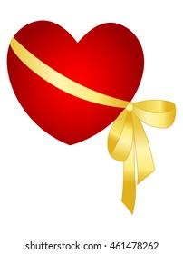 Red heart wrapped with a golden ribbon