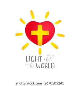 Red heart and yellow cross inside it, creative sun. Religious emblem. Shiny heart. Light of the World - Christian symbol. T shirt graphic
