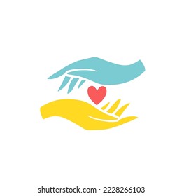 Red heart in yellow-blue hands. A symbol of Ukraine's struggle against Russian terrorism. Vector illustration in simple hand drawn style. Isolate on a white background