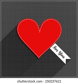 red heart for you sewed romantic Valentines Day card on gray background