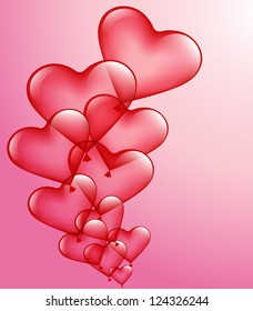 red heart-balloons on a pink background