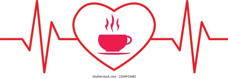 red heartbeat with coffee shape on white background. heartbeat with heart sign. heartbeat symbol. flat style.