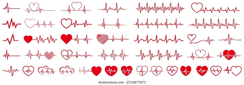 Red heartbeat collection symbol, cardiogram wave set sign, continuous lines heart beats, heartbeat EKG, ECG, health monitoring, medical pulse, cardiology