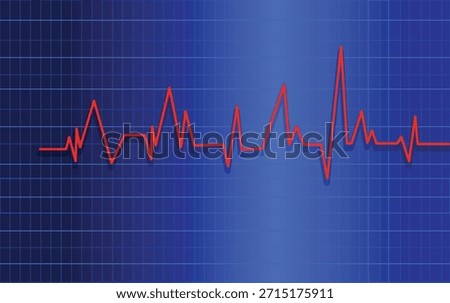 Red heartbeat line graph on blue grid background representing medical ecg or vital signs monitoring