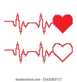 Red heartbeat line pixel art design vector