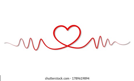 Rote Herzschlaglinie, Pulswelle EKG-Symbol mit Schatten einzeln auf weißem Hintergrund. Für medizinische und grafische Ressourcen verwendbar. Flaches Vectorgrafik-Design-Vorlagenelement
