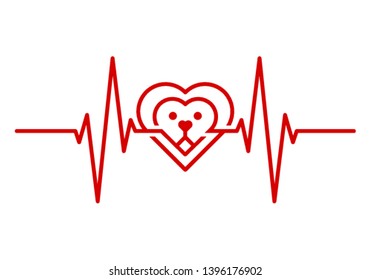Red Heartbeat with Lion Shape Centered Line isolated on white background