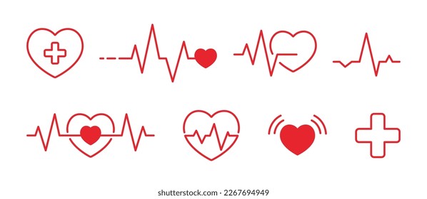 Red heartbeat pulse icons collection. Set of cardiology heart icons