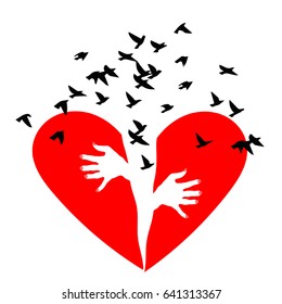 Red heartbreak. Birds fly out of a broken heart. Broken heart or divorce. Broken Heart, vector icon.