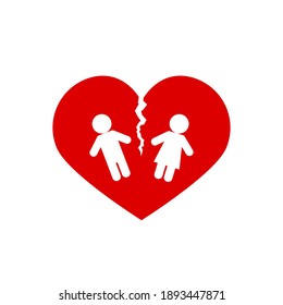 Red heartbreak or broken heart or divorce flat vector icon isolated on white background.