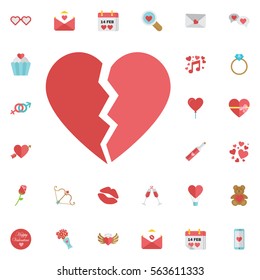 Red heartbreak / broken heart or divorce flat icon for apps and website. Set of Valentines icons