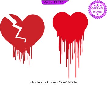 Red heartbreak,  flat drip heart  icon for apps, print and websites. Heart icon cracks in the middle of the heart, transparent  background . 