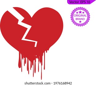 Red heartbreak,  flat drip heart  icon for apps, print and websites. Heart icon cracks in the middle of the heart, transparent  background . 