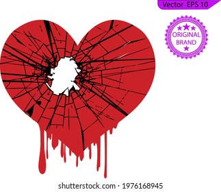 Red heartbreak,  flat drip heart  icon for apps, print and websites. Heart icon cracks in the middle of the heart, transparent  background . 