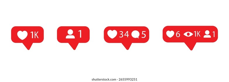 Notificación roja parecida al corazón, nueva burbuja de mensaje e iconos de número de cantidad de solicitud de amistad. Plantillas de App de redes sociales para notificaciones