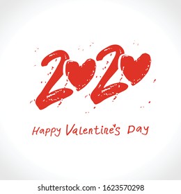 Red Hearts 2020. Happy Valentine's Day modern calligraphy. Valentines day holidays typography print, postcard, t-shirt and more. Vector illustration
