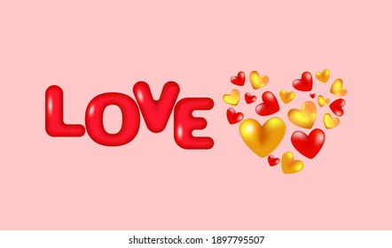 Red hearts and 3D golden text Love. Greeting card for Valentine's day, Wedding, Mother's Day. Vector EPS10