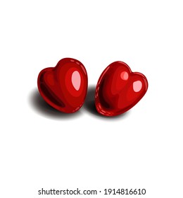 Red Hearts, 3d shape. Symbol of couple in love. Vector illustration isolated on white background