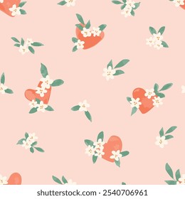 Red hearts adorned with pretty ditsy flowers and leaves in white and green with cream background. A seamless vector pattern for Valentine’s Day. Great for home decor, fabric, wallpaper, gift wrap.