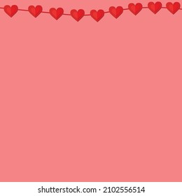 red hearts attached by rope hang on red background