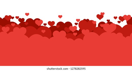 Red hearts background. Love. Holyday card, banner, poster template. Seamless border. Valentine's day. Cute simple realistic design. Transparent background. Flat style vector illustration.