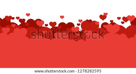 Red hearts background. Love. Holyday card, banner, poster template. Seamless border. Valentine's day. Cute simple realistic design. Transparent background. Flat style vector illustration.