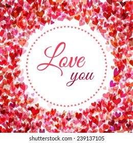 Red hearts background. Set of various hearts isolated on white background. There is place for your text in the center.