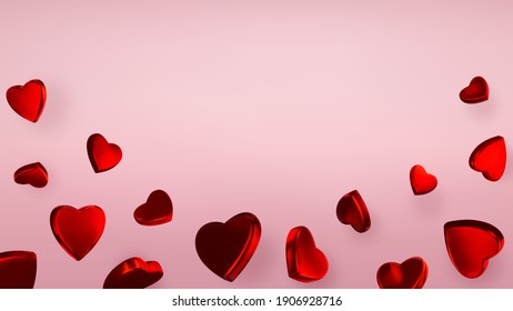 Antecedentes de corazones rojos. Ilustración vectorial con corazones metálicos rojos brillantes realistas aislados en un fondo rosado. Es bueno para tarjetas de felicitación de San Valentín, pancartas publicitarias, invitaciones para eventos. 