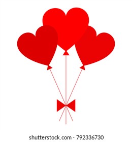 Red hearts as balloons on white background. Vector background for Valentine's day.