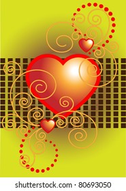Red hearts with beads and curls on  green background