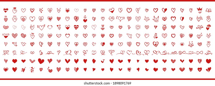 Red hearts. Big collection of red hearts hand-drawn. Set of scribble red heart icons isolated on white background. Love symbols. Vector illustration.