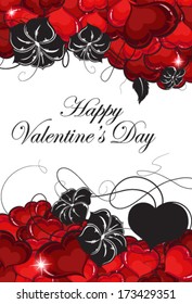 Red hearts and  black flowers silhouettes on white background. Valentines Day retro pattern