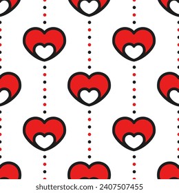 Red hearts with black outline on white dotted background. Vector seamless pattern. Best for textile, wallpapers, wrapping paper, package and St. Valentine's Day decoration.