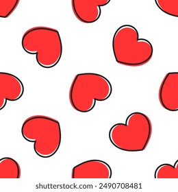 Red hearts with black outline on white background. Vector seamless pattern. Best for textile, wallpapers, wrapping paper, package and St. Valentine's Day decoration.