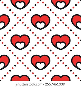 Red hearts with black outline on white dotted background. Vector seamless pattern. Best for textile, wallpapers, wrapping paper, package and St. Valentine's Day decoration.