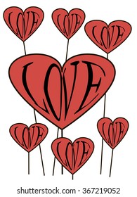 Red hearts with a black stroke and the word love. Hearts on a sticks.